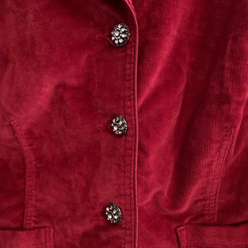 Y2K Women's Red Corduroy Blazer Rhinestone Buttons Red Silk Piping Jacket XL - Picture 3 of 16